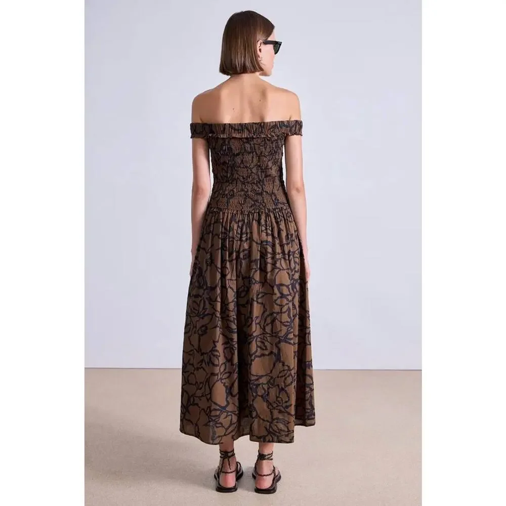 Apiece Apart Britt Off The Shoulder Maxi Dress in Large Lace Floral Chocolate XS - Picture 5 of 5